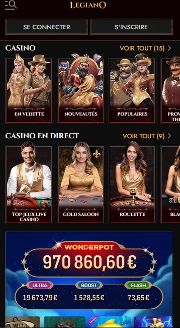 Lobby mobile Legiano avec casino, live casino et Wonderpot